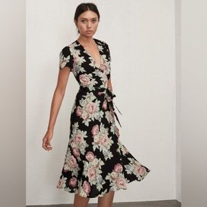Reformation Linda Midi Wrap Black Floral Dress in Brookvale - Small